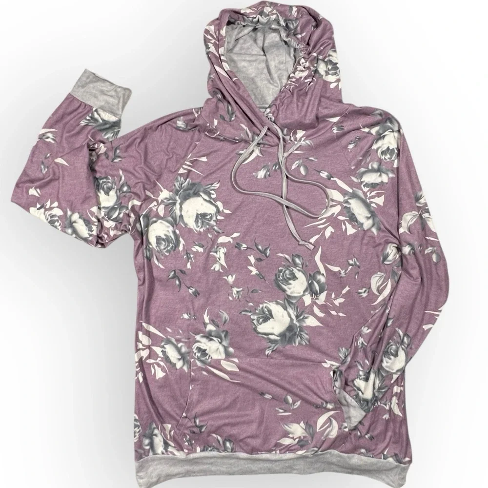 BARLVER Hoodie Pullover Top Sz XL‎ Lavender Black Gray Roses Super Soft Cozycore